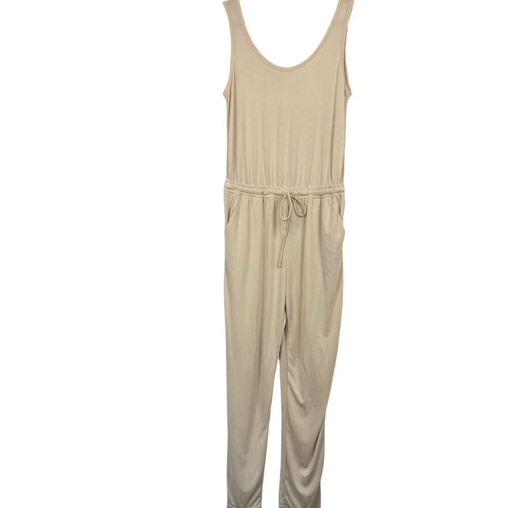 Lush Sleeveless Jumpsuit Womens Medium Beige Drawstring Waist Pockets Travel NWT